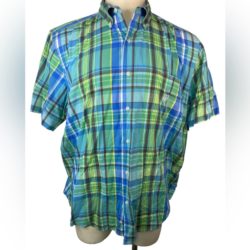 Chaps Blue and Green Plaid Short Sleeve Button Up Shirt Men’s XXL